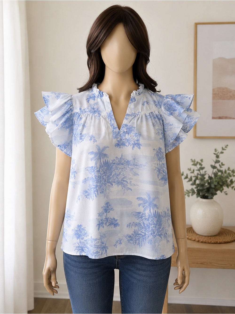 blue floral ruffle sleeve blouse size PXL